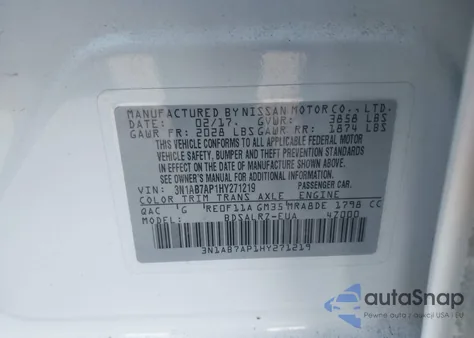 2017 Nissan Sentra Sr z USA, uszkodzony, nr VIN 3N1AB7AP1HY271219